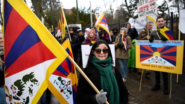 Members of the Danish Society for Tibetan Culture demonstrates against Chinese rule outside China's Embassy in Hellerup in Copenhagen, Denmark. “We are the people staying outside Tibet and suffering the brutal rule of the communist Chinese government. We are here to protest against the Chinese and illegal occupation of Tibet,” one of the protesters in Delhi said.  (Lars Moeller / Ritzau Scanpix / AFP) 