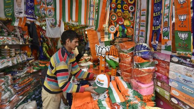 A shop with flags and other campaign material for different political parties in New Delhi’s Sadar Bazar.(Raj K Raj/HT PHOTO) A shop with flags and other campaign material for different political parties in New Delhi’s Sadar Bazar.(Raj K Raj/HT PHOTO)