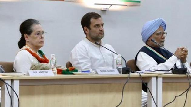 Congress president Rahul Gandhi with senior leaders Sonia Gandhi and Manmohan Singh at the Congress Working Committee meeting in Ahmedabad, Gujarat on Tuesday. (Photo: Twitter/@INCIndia) Congress president Rahul Gandhi with senior leaders Sonia Gandhi and Manmohan Singh at the Congress Working Committee meeting in Ahmedabad, Gujarat on Tuesday. (Photo: Twitter/@INCIndia)