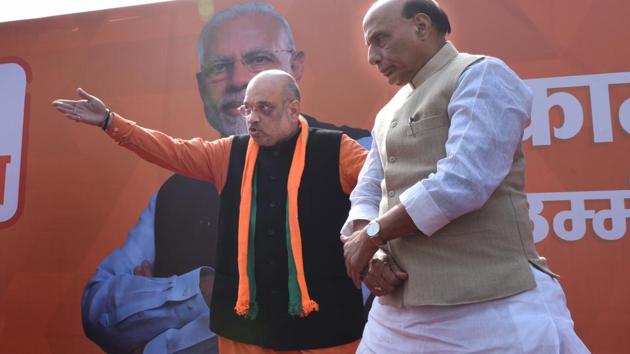 A day after Lok Sabha poll dates were announced, the BJP brass on Monday began discussing their election preparedness and strategies, with party chief Amit Shah and Home minister Rajnath Singh meeting party leaders. (Arvind Yadav/HT File Photo) A day after Lok Sabha poll dates were announced, the BJP brass on Monday began discussing their election preparedness and strategies, with party chief Amit Shah and Home minister Rajnath Singh meeting party leaders. (Arvind Yadav/HT File Photo)
