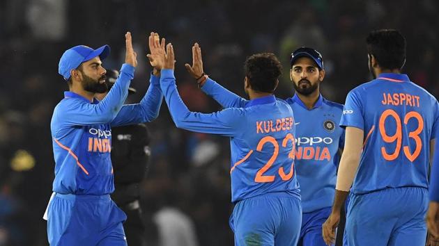 File image of Virat Kohli with the Indian bowlers(AFP) File image of Virat Kohli with the Indian bowlers(AFP)