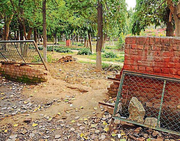 Broken boundary wall of Silver Jubilee Park.(Parveen Kumar/HT Photo)