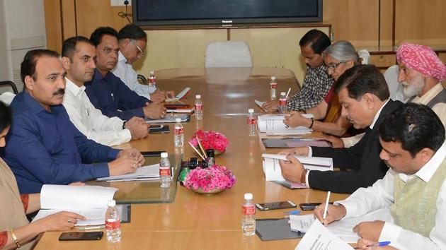 Rajasthan Chief Election Officer Anand Kumar (in blue shirt) holding a meeting with representatives of political parties for the Lok Sabha elections 2019. (HT Photo) Rajasthan Chief Election Officer Anand Kumar (in blue shirt) holding a meeting with representatives of political parties for the Lok Sabha elections 2019. (HT Photo)