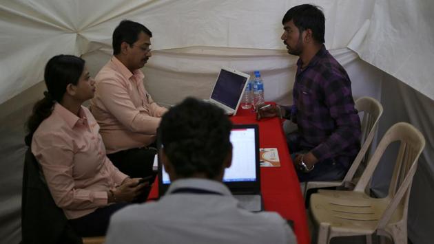 A job seeker is interviewed by human resource managers at a job fair in Chinchwad. With more than half of India’s population under 25 years of age, critics say the votes of jobless youth could hurt Narendra Modi’s chances of securing a second term in the upcoming general election to be held in April-May. (Danish Siddiqui / REUTERS) A job seeker is interviewed by human resource managers at a job fair in Chinchwad. With more than half of India’s population under 25 years of age, critics say the votes of jobless youth could hurt Narendra Modi’s chances of securing a second term in the upcoming general election to be held in April-May. (Danish Siddiqui / REUTERS)