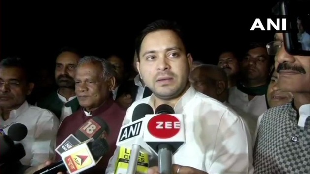 RJD leader Tejashwi Yadav after Bihar Mahagathbandhan leaders’ meeting in New Delhi on Wednesday. (ANI) RJD leader Tejashwi Yadav after Bihar Mahagathbandhan leaders’ meeting in New Delhi on Wednesday. (ANI)