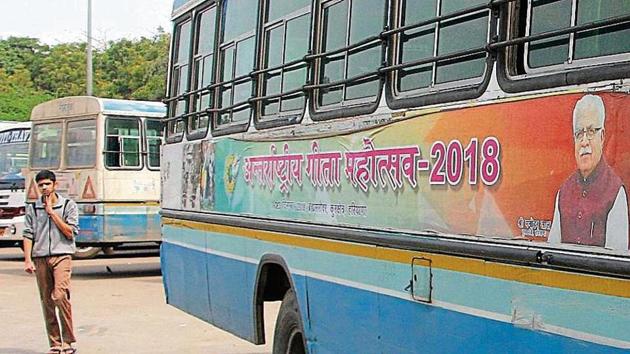 A Haryana Roadways bus in Rohtak with a Haryana government advertisement, in violation of the poll conduct. Tuesday, March 13, 2019. (Manoj Dhaka / HT Photo) A Haryana Roadways bus in Rohtak with a Haryana government advertisement, in violation of the poll conduct. Tuesday, March 13, 2019. (Manoj Dhaka / HT Photo)