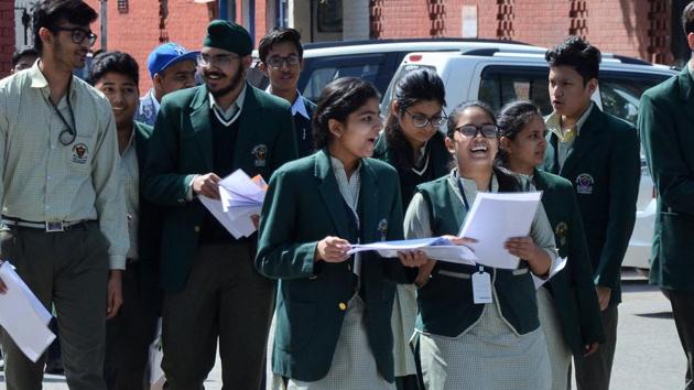 Students came out after appearing there exam from government model Senior Secondary School sector 16 Chandigarh on Tuesday (Karun Sharma/Hindustan times)