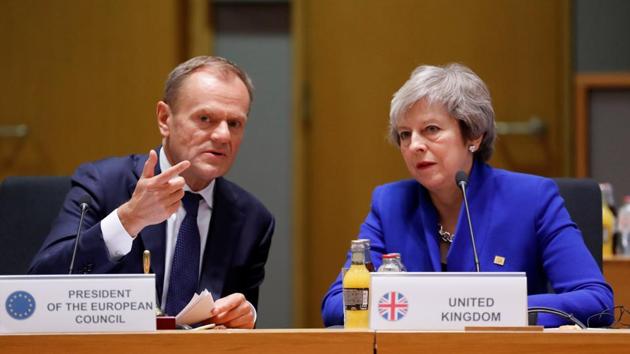 British Prime Minister Theresa May (R) and European Union Council President Donald Tusk during the extraordinary EU leaders summit to finalise and formalise the Brexit agreement in Brussels, Belgium. (REUTERS) British Prime Minister Theresa May (R) and European Union Council President Donald Tusk during the extraordinary EU leaders summit to finalise and formalise the Brexit agreement in Brussels, Belgium. (REUTERS)