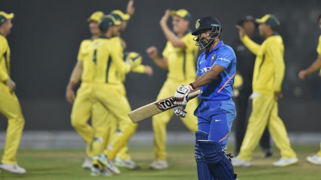 Kedar Jadhav walks back to the pavilion after his dismissal. (PTI)