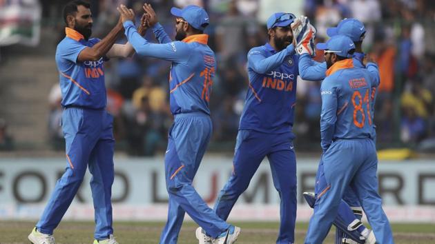 Indian players celebrate the dismissal Australia's Peter Handscomb. (AP)