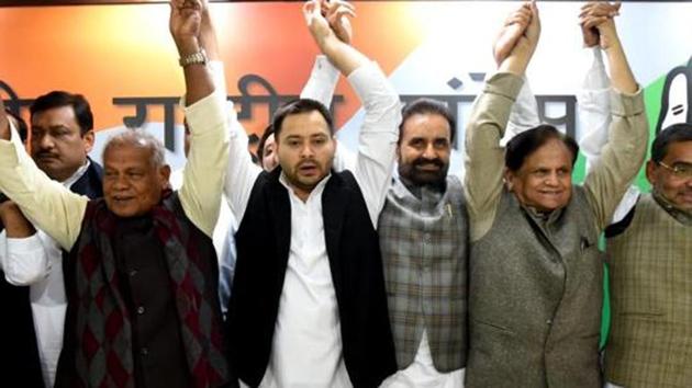 AICC general secretary KC Venugopal and Ahmed Patel are slated to preside over the meeting, which would be attended by leaders of the GA, including Tejashwi Prasad Yadav (Rashtriya Janata Dal), Upendra Kushwaha (Rashtriya Lok Samata Party), Jitan Ram Manjhi (Hindustani Awam Morcha-Secular), Sharad Yadav (Loktantrik Janata Dal) and Mukesh Sahni (Vikassheel Insan Party) (Amal KS/HT PHOTO) AICC general secretary KC Venugopal and Ahmed Patel are slated to preside over the meeting, which would be attended by leaders of the GA, including Tejashwi Prasad Yadav (Rashtriya Janata Dal), Upendra Kushwaha (Rashtriya Lok Samata Party), Jitan Ram Manjhi (Hindustani Awam Morcha-Secular), Sharad Yadav (Loktantrik Janata Dal) and Mukesh Sahni (Vikassheel Insan Party) (Amal KS/HT PHOTO)