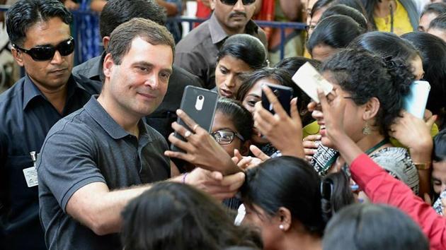 Congress President Rahul Gandhi takes selfies with students of Stella Maris Women's College after an interaction in Chennai, Wednesday. (PTI) Congress President Rahul Gandhi takes selfies with students of Stella Maris Women's College after an interaction in Chennai, Wednesday. (PTI)