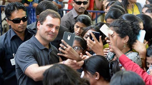Students take pictures with Congress President Rahul Gandhi at Stella Maris Women’s College after an interaction, in Chennai. During the interaction Gandhi said that it was a pity that the Prime Minister “did not come and take your advice before he did demonetisation because he would have got the right answer.” (PTI) Students take pictures with Congress President Rahul Gandhi at Stella Maris Women’s College after an interaction, in Chennai. During the interaction Gandhi said that it was a pity that the Prime Minister “did not come and take your advice before he did demonetisation because he would have got the right answer.” (PTI)