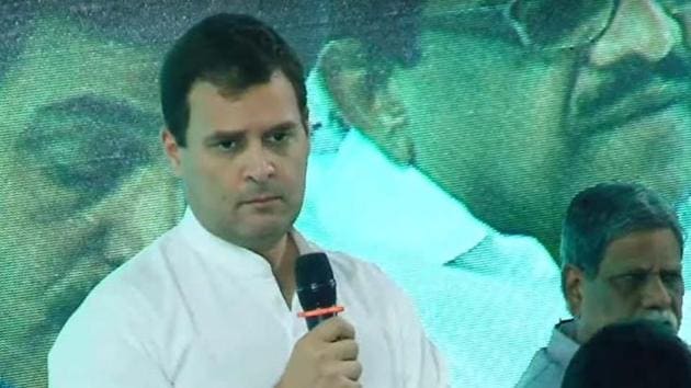 Congress president Rahul Gandhi addressing a gathering in Thrissur in Kerala.(ANI Photo)