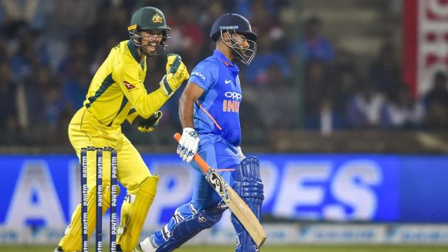 Australia’s Alex Carey celebrates the dismissal of Rishabh Pant during the fifth ODI. (PTI) Australia’s Alex Carey celebrates the dismissal of Rishabh Pant during the fifth ODI. (PTI)