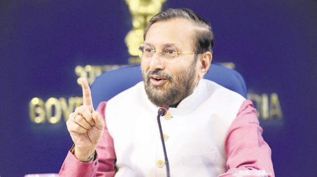 Union minister PrakashJavadekar said that the BJP was moving towards victory with full confidence and Congress’s nervousness over this was evident in the Ahmedabad meeting.(HT Photo)