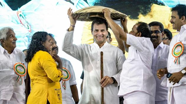 Congress President Rahul Gandhi is felicitated during an event to address ‘fishermen’s parliament’, at Triprayar in Thrissur. Gandhi hit out at Prime Minister Modi saying he was scared of Chinese President Xi Jinping. He said the prime minister “swings” with the Chinese president in his home state Gujarat but maintains silence after China blocks UNSC resolution against Masood Azhar. (PTI) Congress President Rahul Gandhi is felicitated during an event to address ‘fishermen’s parliament’, at Triprayar in Thrissur. Gandhi hit out at Prime Minister Modi saying he was scared of Chinese President Xi Jinping. He said the prime minister “swings” with the Chinese president in his home state Gujarat but maintains silence after China blocks UNSC resolution against Masood Azhar. (PTI)