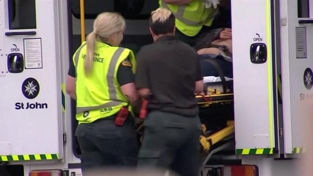 Emergency services personnel transport a stretcher carrying a person at a hospital, after reports that several shots had been fired, in central Christchurch, New Zealand March 15, 2019, in this still image taken from video.(REUTERS)