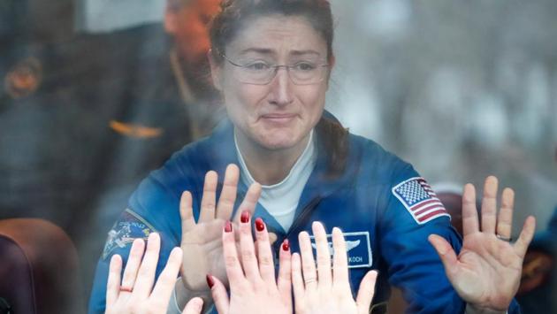 The International Space Station (ISS) crew member Christina Koch of the US reacts in a bus before leaving for pre-flight preparation at the Baikonur Cosmodrome, Kazakhstan. (Shamil Zhumatov / REUTERS) The International Space Station (ISS) crew member Christina Koch of the US reacts in a bus before leaving for pre-flight preparation at the Baikonur Cosmodrome, Kazakhstan. (Shamil Zhumatov / REUTERS)