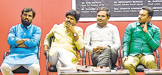 (From left) Ram Satpute, BJP Yuva Morcha vice-president; Gopichand Padalkar, youth leader; Sharad Tandale, entrepreneur; Ravikant Varpe, state vice-president NCP youth organisation at Patrakar Bhavan on Thursday.(Sanket Wankhade/HT PHOTO)