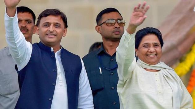 Samajwadi Party president Akhilesh Yadav with Bahujan Samaj Party chief Mayawati; the two parties are contesting the Lok Sabha polls together in Uttar Pradesh, Madhya Pradesh and Uttarakhand. (PTI)