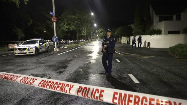 A police officer patrols at a cordon near a mosque in central Christchurch, New Zealand, Friday, March 15, 2019(AP)