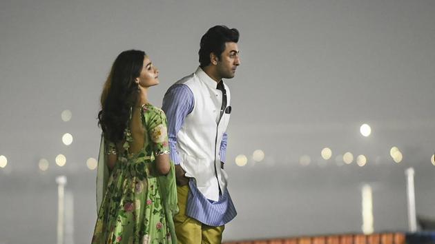 Bollywood actors Ranbir Kapoor and Alia Bhatt during the logo release of their upcoming film Brahmastra at Kumbh Mela, in Prayagraj.(PTI)