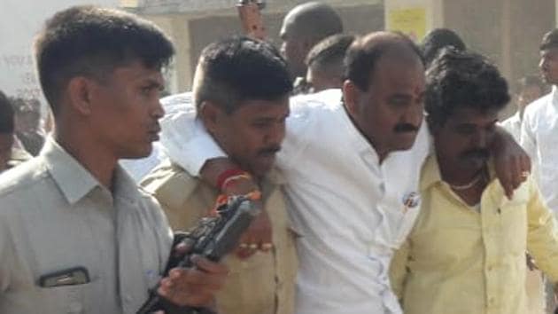TDP leader P Tikka Reddy is being shifted to a hospital after he was hit by a bullet during election campaign in Mantralayam assembly constituency of Andhra Pradesh on Saturday. (HT photo) TDP leader P Tikka Reddy is being shifted to a hospital after he was hit by a bullet during election campaign in Mantralayam assembly constituency of Andhra Pradesh on Saturday. (HT photo)