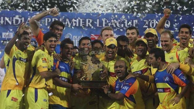 Chennai Super Kings celebrate after winning the IPL 2010 trophy.(Twitter)