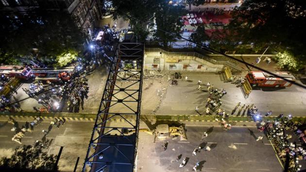 A view of the foot over bridge leading to CSMT Station that collapsed killing six and injuring 34 people in Mumbai, Maharashtra. (Kunal Patil / HT Photo) 