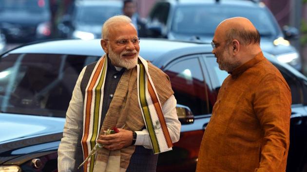 Prime Minister Narendra Modi and Bharatiya Janata Party president Amit Shah presided over a a marathon meeting that stretched close to midnight on Saturday to discuss candidates for the Lok Sabha elections.(Sonu Mehta/HT PHOTO)