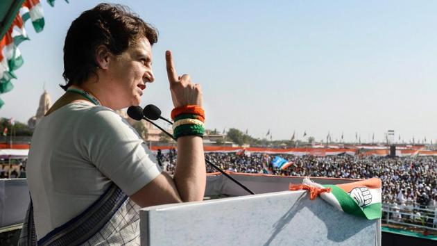 Congress General Secretary Priyanka Gandhi Vadra addresses a public meeting ahead of Lok Sabha elections, in Gandhinagar, Gujarat. (PTI) 
