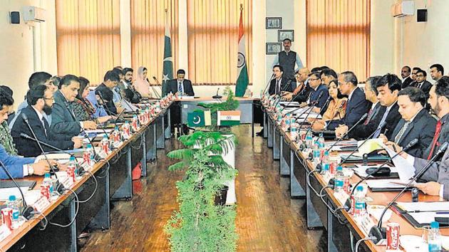 Indian and Pakistani officials Attari-Wagha border during a bilateral meeting to discuss the Kartarpur Corridor that will connect pilgrims to the Gurdwara in Kartarpur Sahib on Thursday.(HT PHOTO) Indian and Pakistani officials Attari-Wagha border during a bilateral meeting to discuss the Kartarpur Corridor that will connect pilgrims to the Gurdwara in Kartarpur Sahib on Thursday.(HT PHOTO)