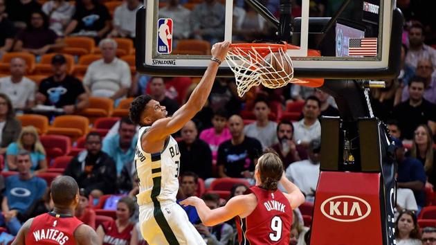Milwaukee Bucks forward Giannis Antetokounmpo (34) dunks the ball past Miami Heat forward Kelly Olynyk (9). (Reuters) Milwaukee Bucks forward Giannis Antetokounmpo (34) dunks the ball past Miami Heat forward Kelly Olynyk (9). (Reuters)