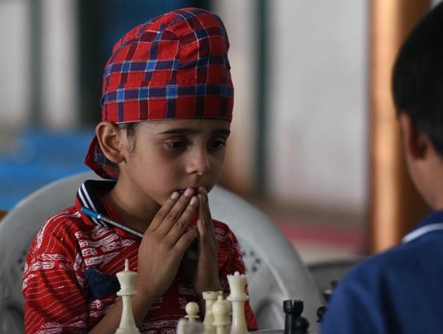 Sehejveersingh Maras from Nagpur reacts during Late Shikshanmaharshi Shivajirao Konde Memorial Maharashtra State Selection Under-7 Girls and Boys Chess Championship, Khed Shivapur in Pune. (Pratham Gokhale/HT Photo)