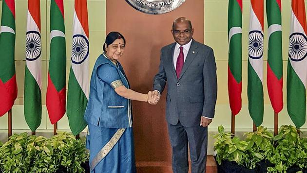 External affairs minister Sushma Swaraj shakes hands with her Maldivian counterpart Abdulla Shahid in Male on March 17. (PTI Photo) External affairs minister Sushma Swaraj shakes hands with her Maldivian counterpart Abdulla Shahid in Male on March 17. (PTI Photo)