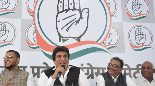 Uttar Pradesh Congress Committee (UPCC) President Raj Babbar with leaders of Jan Adhikar Party in Lucknow on Sunday, March 17, 2019.(Deepak Gupta / HT Photo)