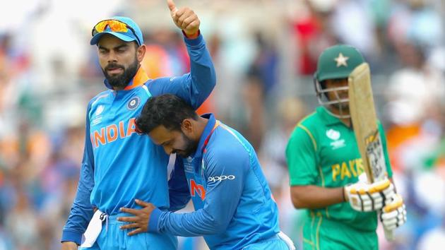 Kedar Jadhav of India celebrates the wicket of Babar Azam of Pakistan.(Getty Images)