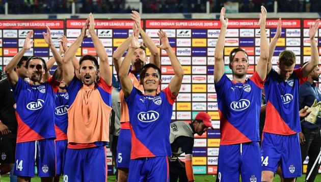 File image of Bengaluru FC Sunil Chhetri and teammates celebrate(PTI)