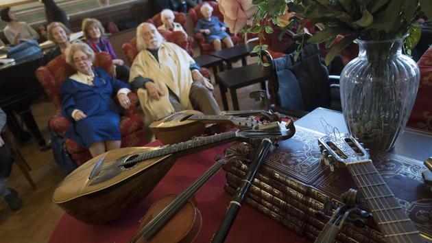 Nearly 120 years after Italian composer Giuseppe Verdi called it his “most beautiful work”, ageing musicians still play out their days at his Casa Verdi retirement home. Piano music resonates down the corridors of the sumptuous Milan palazzo, while a singer performs in the vast main room for dozens of pensioners, who were once professional musicians themselves. (Miguel Medina / AFP) Nearly 120 years after Italian composer Giuseppe Verdi called it his “most beautiful work”, ageing musicians still play out their days at his Casa Verdi retirement home. Piano music resonates down the corridors of the sumptuous Milan palazzo, while a singer performs in the vast main room for dozens of pensioners, who were once professional musicians themselves. (Miguel Medina / AFP)