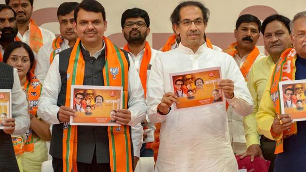 Shiv Sena chief Uddhav Thackeray with Maharashtra Chief Minister Devendra Fadnavis and others during Shiv Sena-BJP alliance activists' rally, in Aurangabad, Sunday, March 17, 2019. (PTI) Shiv Sena chief Uddhav Thackeray with Maharashtra Chief Minister Devendra Fadnavis and others during Shiv Sena-BJP alliance activists' rally, in Aurangabad, Sunday, March 17, 2019. (PTI)
