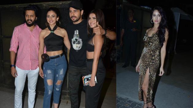 Riteish Deshmukh, Rakul Preet Singh, Sidharth Malhotra and Tara Sutaria at the Marjaavaan bash. (Varinder Chawla) Riteish Deshmukh, Rakul Preet Singh, Sidharth Malhotra and Tara Sutaria at the Marjaavaan bash. (Varinder Chawla)