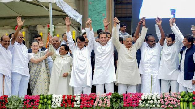 Rahul Gandhi and other opposition leaders during the swearing in ceremony of the Karnataka chief minister, Bengaluru, May 23, 2018. (PTI) Rahul Gandhi and other opposition leaders during the swearing in ceremony of the Karnataka chief minister, Bengaluru, May 23, 2018. (PTI)