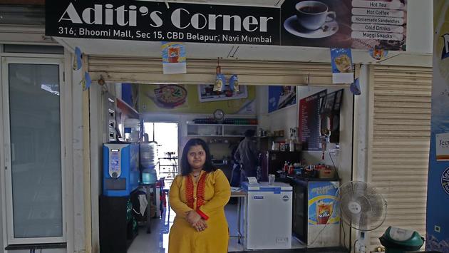Aditi stands for a portrait outside the cafe. Beginning with a staff of two –one to support her in the kitchen and another for deliveries –the cafe has over time added another person to the kitchen staff to help prepare orders. (Hemanshi Kamani / HT Photo) Aditi stands for a portrait outside the cafe. Beginning with a staff of two –one to support her in the kitchen and another for deliveries –the cafe has over time added another person to the kitchen staff to help prepare orders. (Hemanshi Kamani / HT Photo)