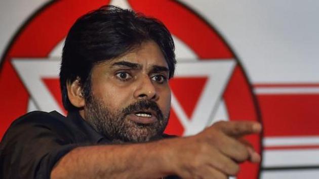 Nagababu met Pawan Kalyan at the Jana Sena Party office in Vijayawada, following which he was announced as the candidate by Pawan Kalyan.(PTI)