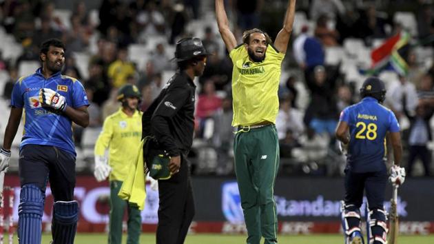 South Africa's bowler Imran Tahir celebrates as South Africa win at the end of the super over of the first T20 against Sri Lanka. (AP) South Africa's bowler Imran Tahir celebrates as South Africa win at the end of the super over of the first T20 against Sri Lanka. (AP)