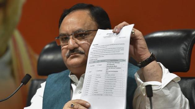 Union Minister and BJP leader JP Nadda shows the first list of BJP’s candidates for the upcoming Lok Sabha elections.(PTI photo)