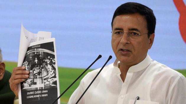 The Congress on Friday demanded an independent probe into a media report that alleged BS Yeddyurappa had paid bribes running into hundreds of crores of rupees to senior BJP leaders. The report was based on the alleged contents of a diary that it said, had been with the income tax department since 2017. Party spokesperson Randeep Surjewala said it was time the government got the diary probed by an independent agency. (Mohd Zakir / HT Photo) 