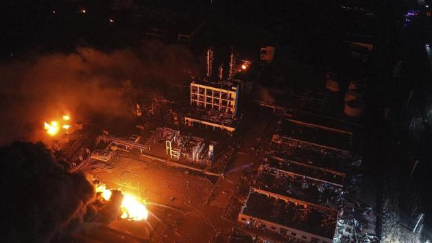 In this Thursday, March 21, 2019, aerial photo released by China's Xinhua News Agency, fires burn at the site of a factory explosion in a chemical industrial park in Xiangshui County of Yancheng in eastern China's Jiangsu province.(AP Photo)