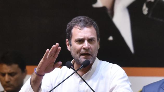 Congress president Rahul Gandhi addresses the booth presidents convention at the Indira Gandhi Indoor Stadium, New Delhi, March 11, 2019(Sanjeev Verma/HT PHOTO) Congress president Rahul Gandhi addresses the booth presidents convention at the Indira Gandhi Indoor Stadium, New Delhi, March 11, 2019(Sanjeev Verma/HT PHOTO)